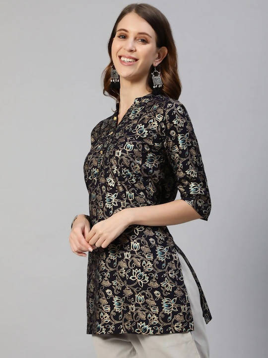 Anubhutee Navy Blue & Gold Ethnic Motifs Foil Printed Kurti - Distacart
