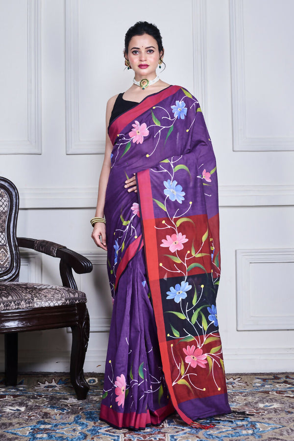 Morchari Multicolour Cotton Handloom Mirror Work Saree Unstitched Blouse