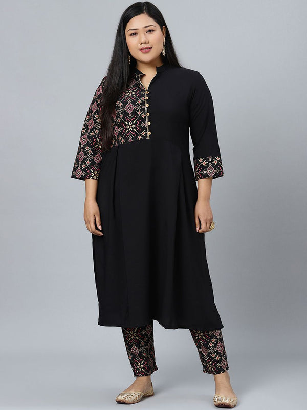 Sztori Plus Size Geometric Printed Mandarin Collar Straight Kurta With Trouser - Distacart