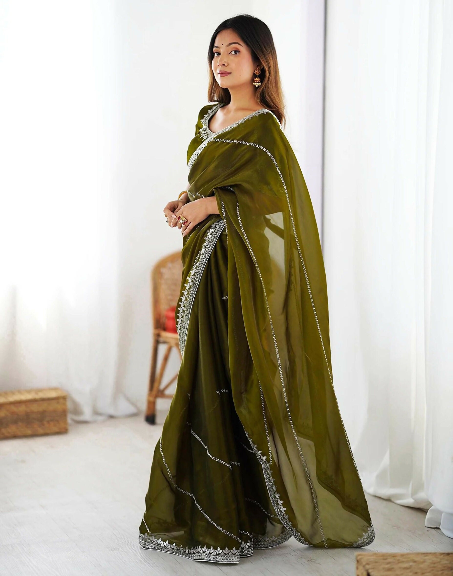 Joban Fashion Tissue Silk Olive Green Color Embroidery Saree