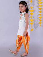 Thumbnail for Lil Drama Janmashtami White Girls Cotton Kurta and Orange Dhoti Ethnic Set - Distacart