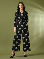 Thumbnail for Myshka Women's Black Printed Polo Collar Party Top With Trousers Co-ord set - Distacart