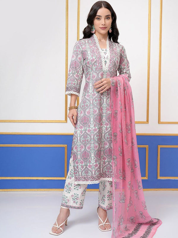 Vishudh Floral Printed V-Neck Pure Cotton Straight Kurta With Trouser With Dupatta - Distacart