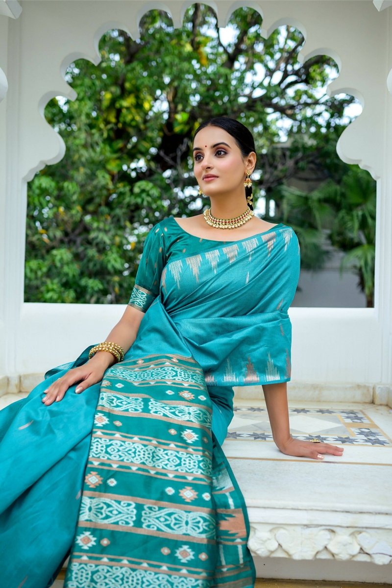 Aastha Fashion Turquoise Woven South Silk Saree with Blouse - Distacart