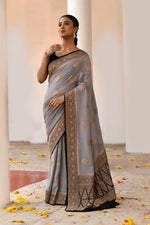 Thumbnail for Joban Fashion Grey Crepe Chiffon Pure Handloom Banarasi Silk Saree