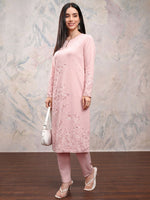 Thumbnail for Vishudh Floral Printed Keyhole Neck Long Sleeves Straight Kurta with Trousers - Distacart