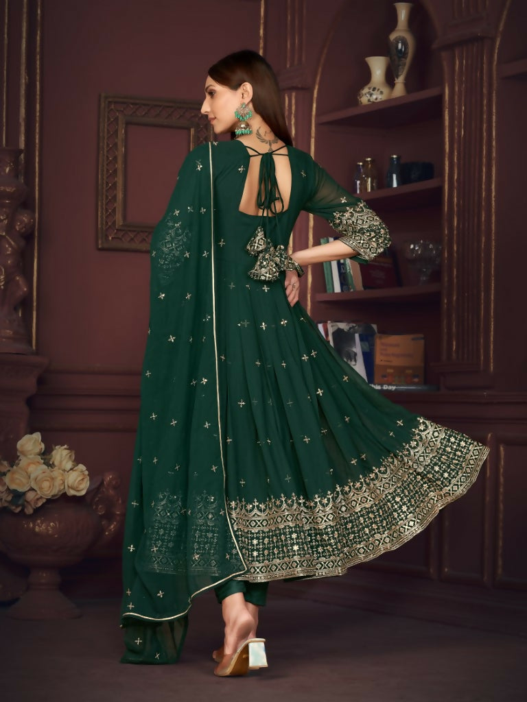 Jyoti Fashion Women's Golden & Bottle Green Georgette Embroidered Anarkali Kurta Pant Set With Dupatta