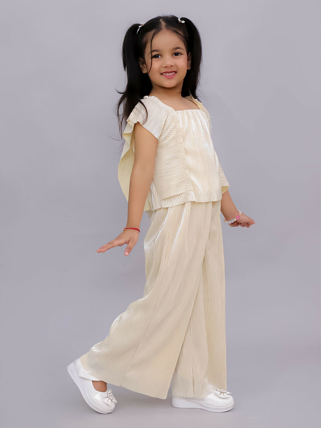 Lil Drama Glam Up Girls Beige Party Top and Pant Set