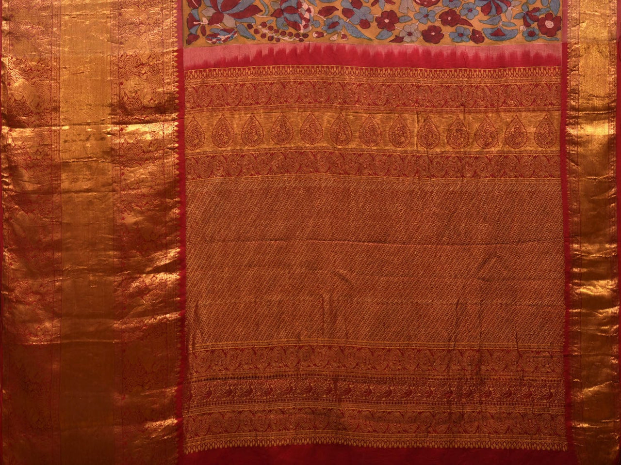 Yellow and Red Kalamkari Hand Painted Kanchipuram Silk Handloom Saree with Floral Design - Global Threads - Distacart