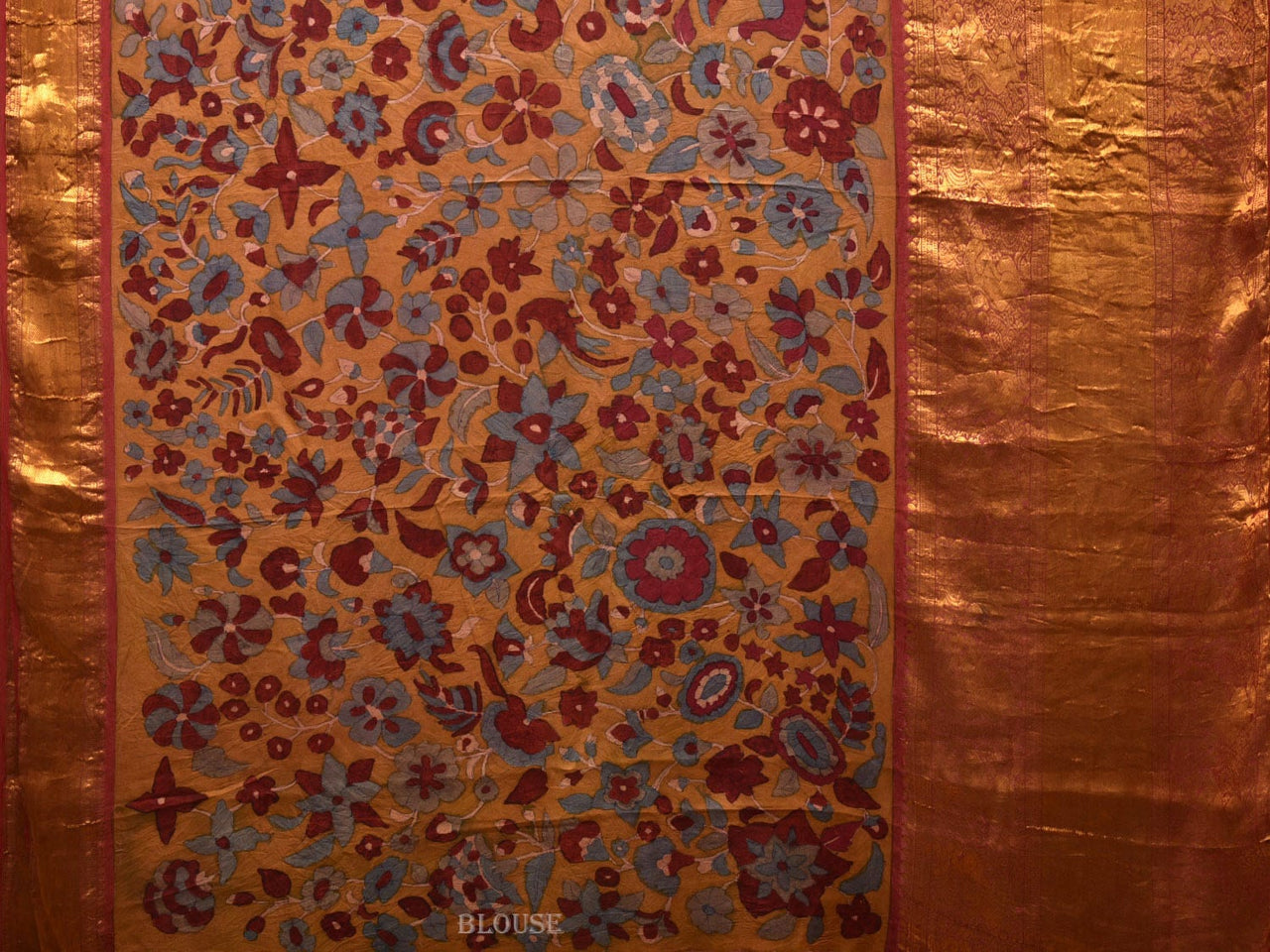 Yellow and Red Kalamkari Hand Painted Kanchipuram Silk Handloom Saree with Floral Design - Global Threads - Distacart