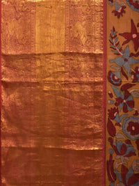 Thumbnail for Yellow and Red Kalamkari Hand Painted Kanchipuram Silk Handloom Saree with Floral Design - Global Threads - Distacart