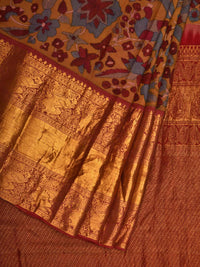 Thumbnail for Yellow and Red Kalamkari Hand Painted Kanchipuram Silk Handloom Saree with Floral Design - Global Threads - Distacart