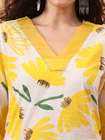 Thumbnail for Yufta Yellow And White Floral Kantha Work Straight Kurta Trouser Dupatta Set - Distacart
