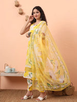 Thumbnail for Yufta Yellow And White Floral Straight Kurta Trouser Dupatta Set - Distacart