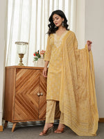 Thumbnail for Yufta Yellow Floral Thread Work Straight Kurta Trouser Dupatta Set - Distacart