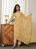 Thumbnail for Yufta Yellow Floral Thread Work Straight Kurta Trouser Dupatta Set - Distacart