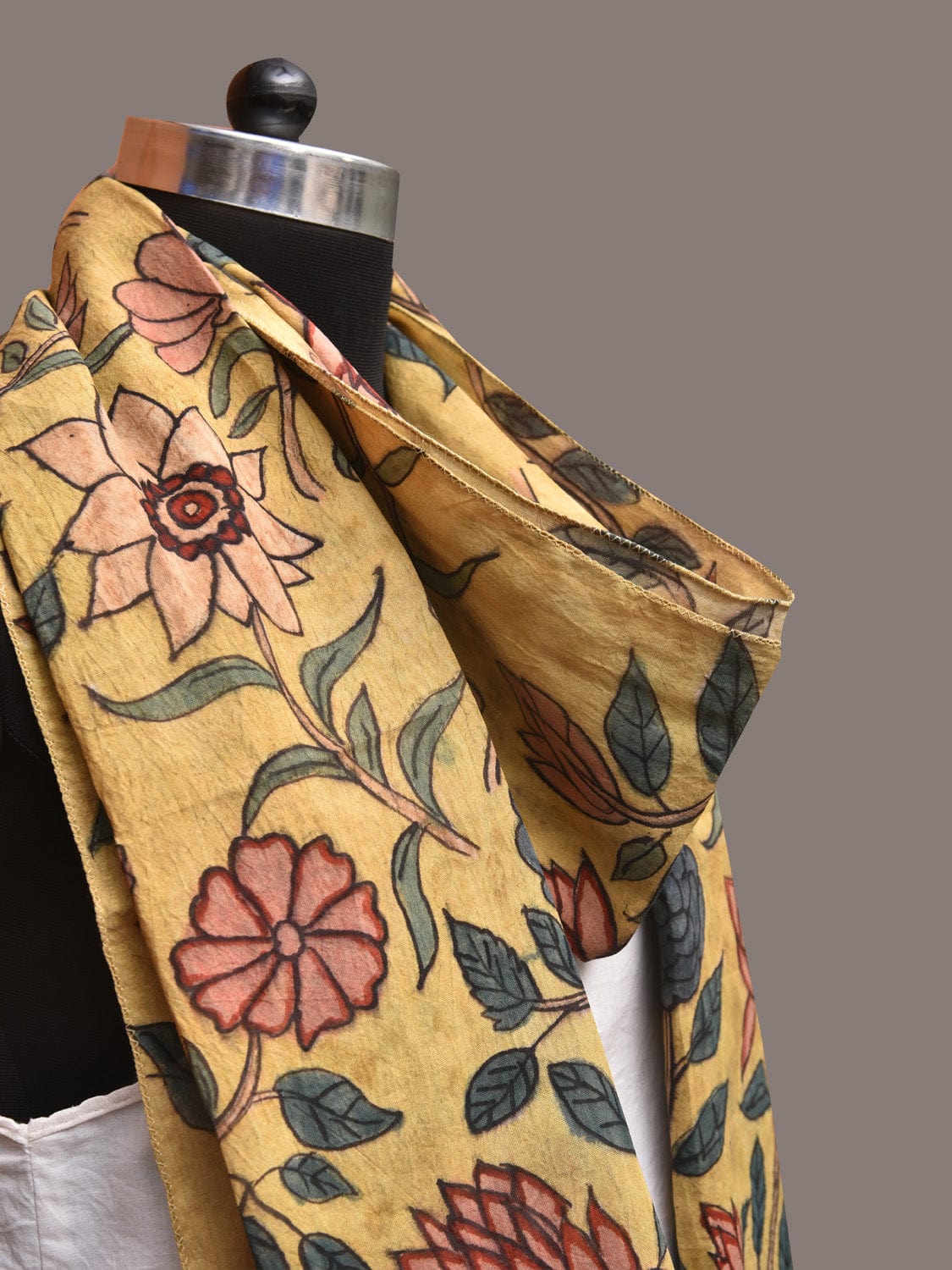 Yellow Kalamkari Hand Painted Sico Stole with Floral Design - Global Threads - Distacart