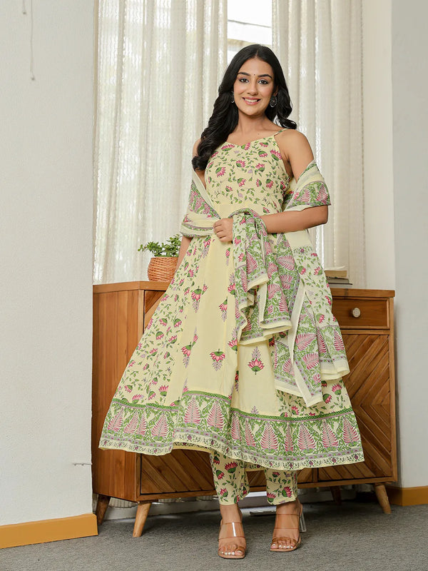 Yufta Yellow Pure Cotton Sleeveless Strappy Anarkali Kurta Dupatta Set - Distacart