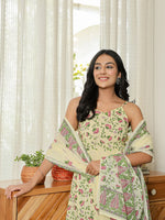 Thumbnail for Yufta Yellow Pure Cotton Sleeveless Strappy Anarkali Kurta Dupatta Set - Distacart