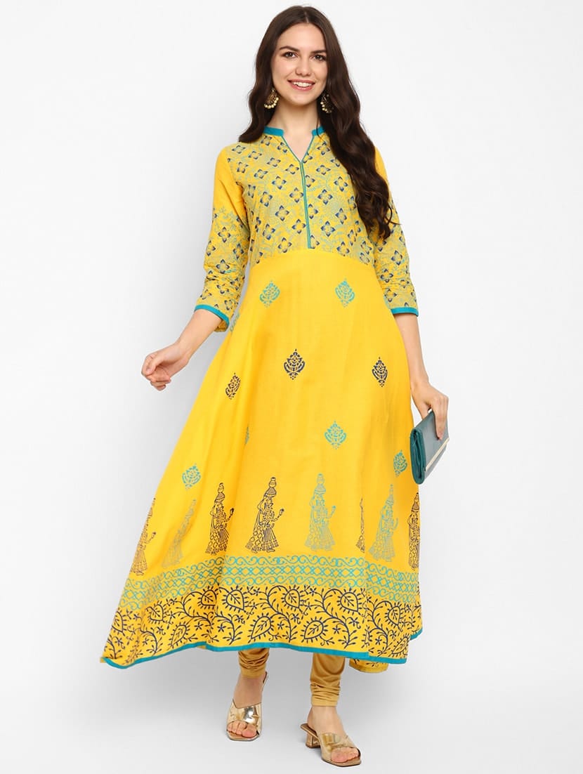 Women Yellow Cotton Printed Anarkali Kurti - Rasiya