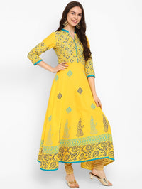 Thumbnail for Women Yellow Cotton Printed Anarkali Kurti - Rasiya