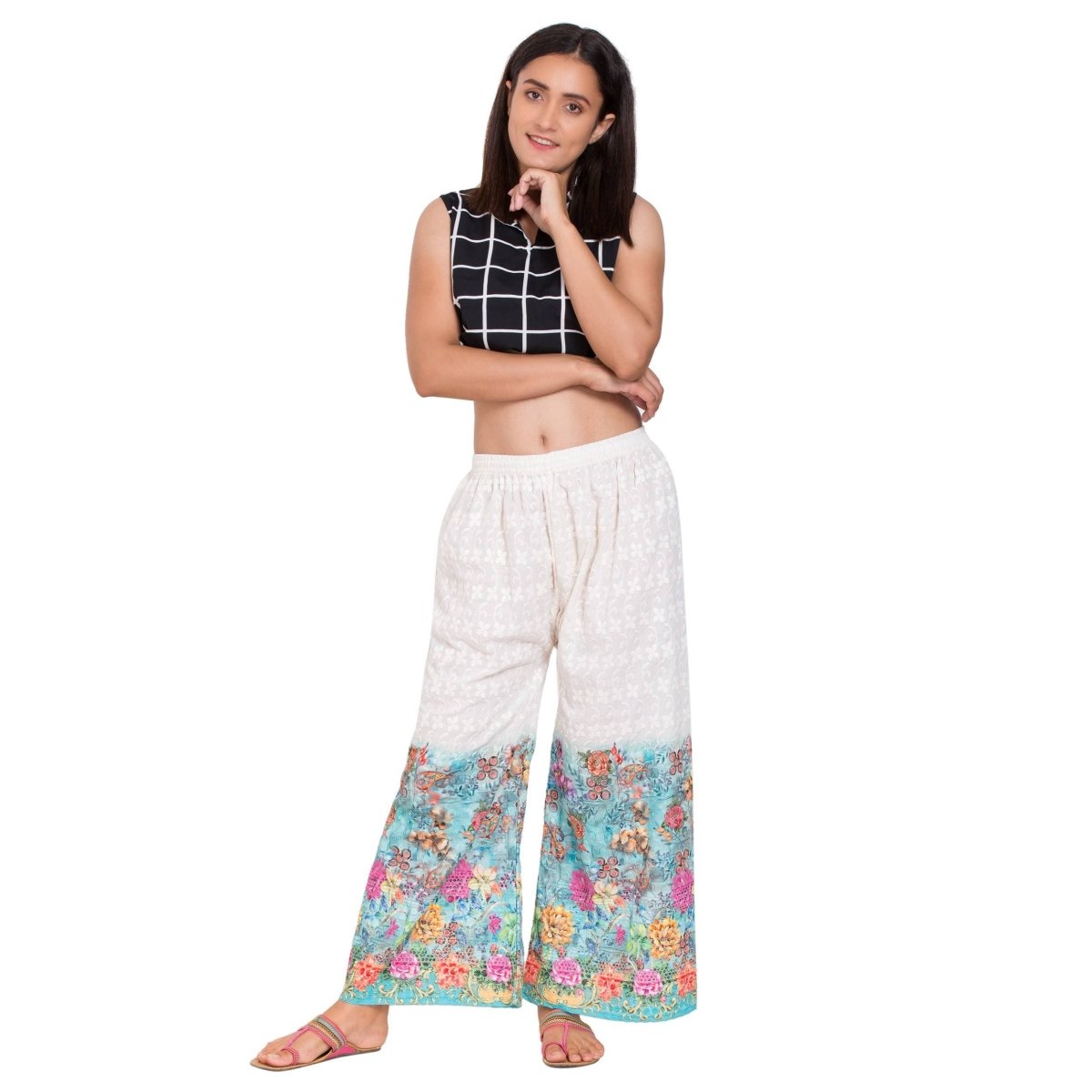 Asmaani Aqua Blue Color Digital Print With Full of Chicken Work Palazzo