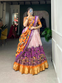 Thumbnail for Vastranavya Kalamkari Print With Weaving Border Lehenga with Unstitched Blouse - Purple