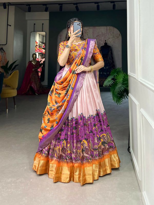 Vastranavya Kalamkari Print With Weaving Border Lehenga with Unstitched Blouse - Purple - Distacart