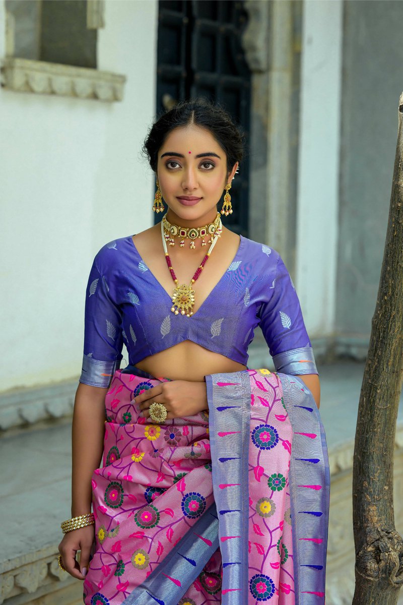 Aastha Fashion Pink Woven Kanjivaram Silk Saree with Blouse - Distacart