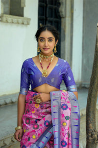 Thumbnail for Aastha Fashion Pink Woven Kanjivaram Silk Saree with Blouse - Distacart