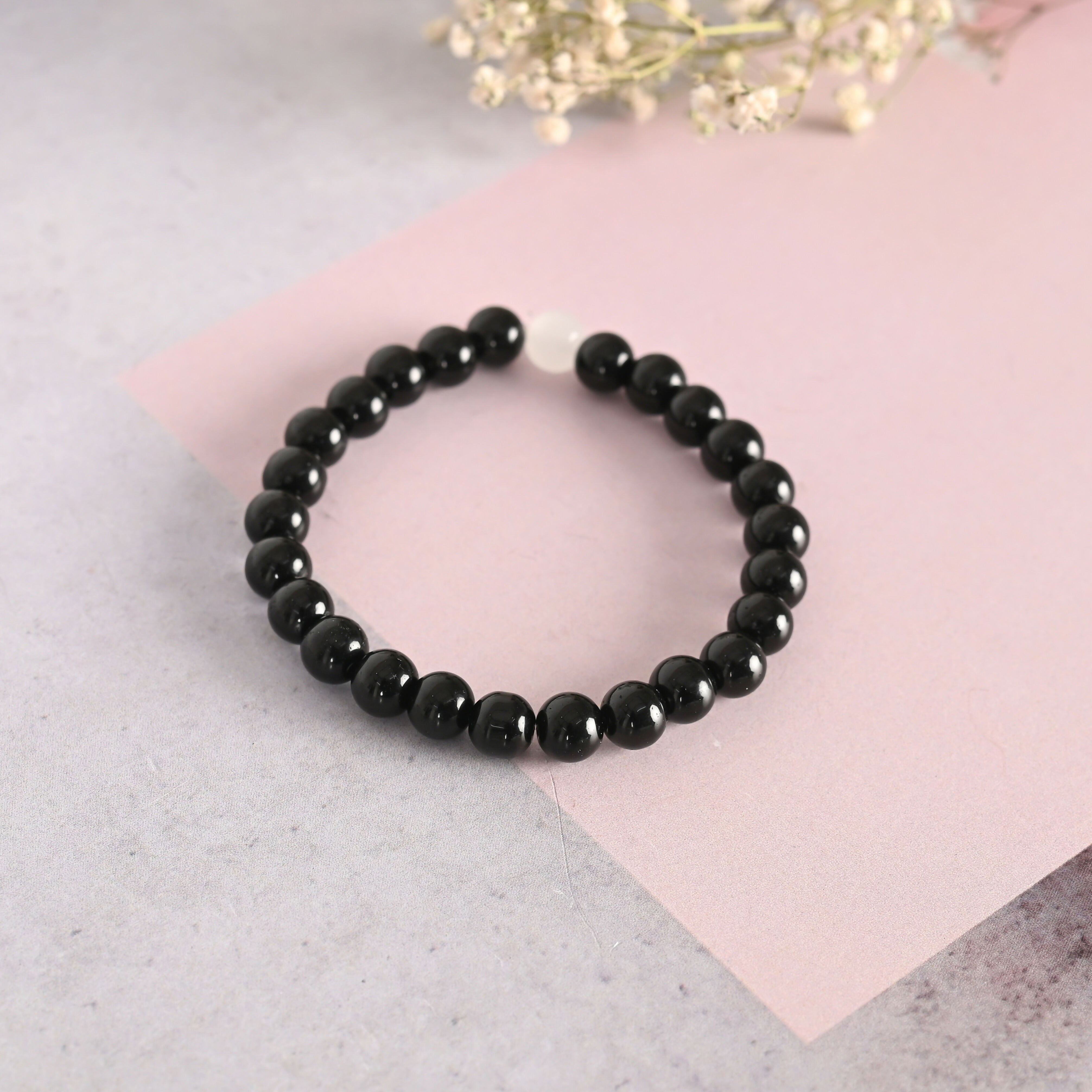 NVR Men & Women Black Marble Crystal Beaded Elasticated Bracelet - Distacart