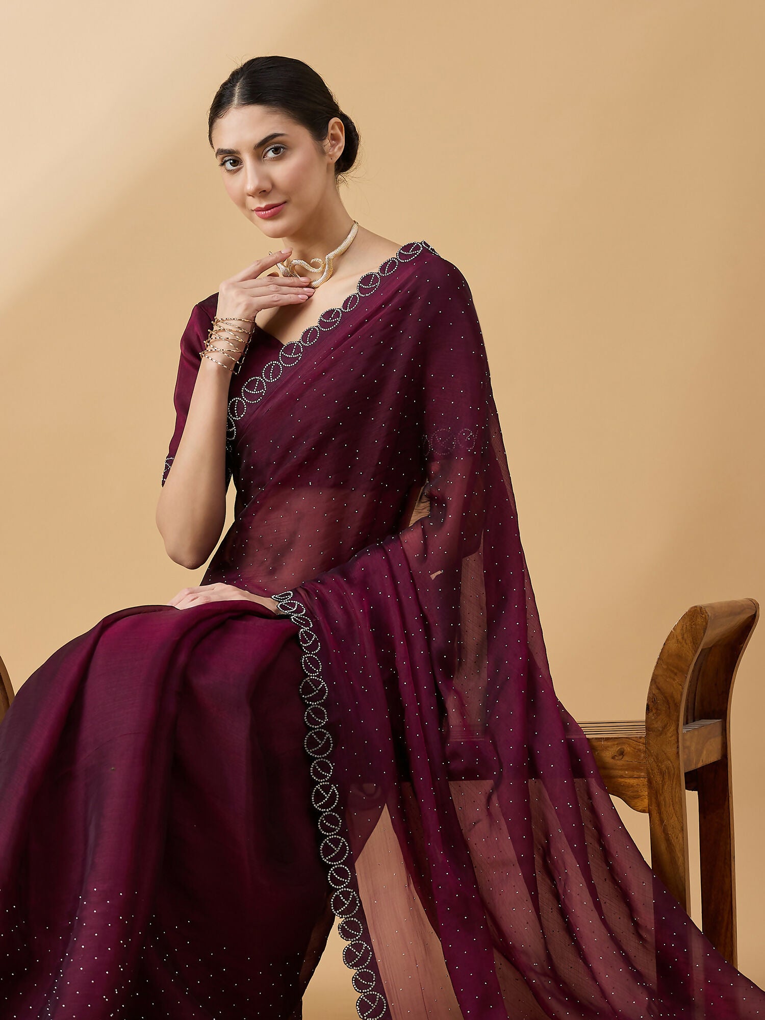 Purple Organza Swaroski Diamond Work Saree with Unstitched Blouse - Radha - Distacart