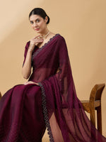 Thumbnail for Purple Organza Swaroski Diamond Work Saree with Unstitched Blouse - Radha - Distacart
