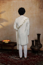 Thumbnail for Falling Raw Silk Off White Geometric Symphony Kurta Set By Hilo Design