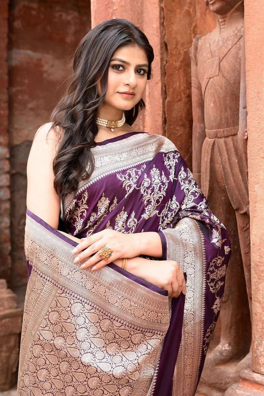 Joban Fashion Purple Pure Katan Pure Handloom Banarasi Silk Saree