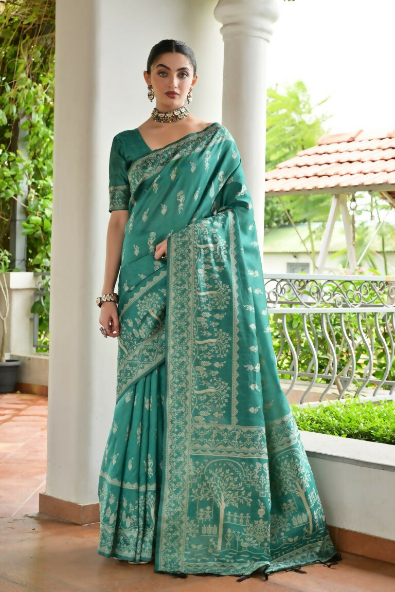 Vishnu Weaves Women's Rama Handloom Raw Silk Thread Weaving Saree with Blouse