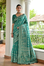 Thumbnail for Vishnu Weaves Women's Rama Handloom Raw Silk Thread Weaving Saree with Blouse