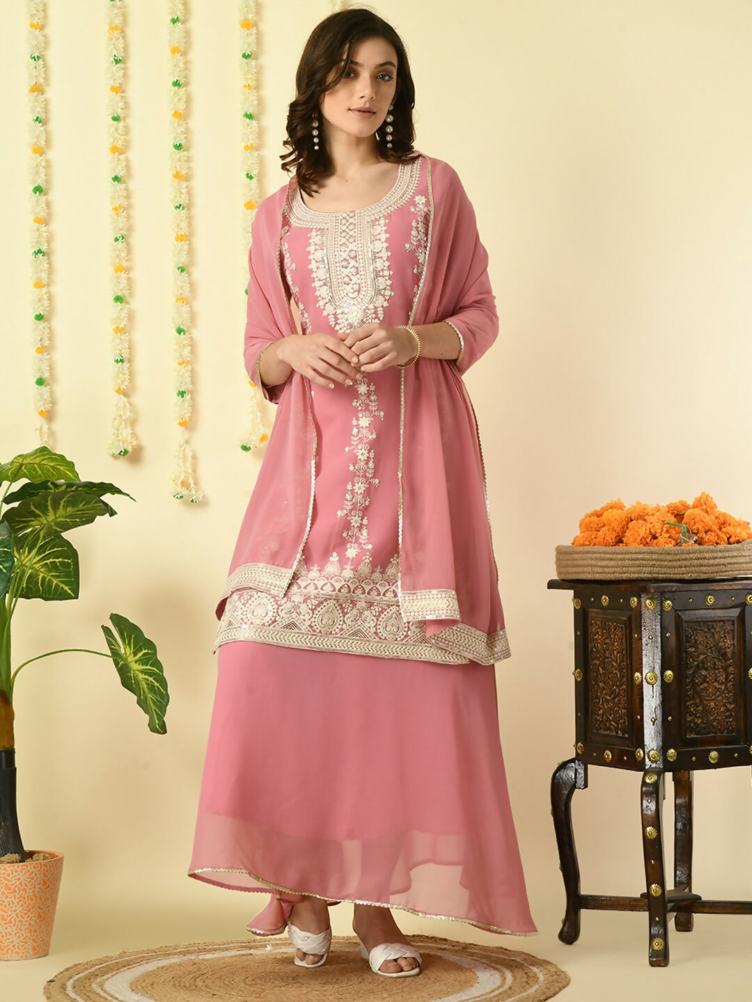 Myshka Women's Pink Georgette Kurta & Skirt With Dupatta Party Sets - Distacart