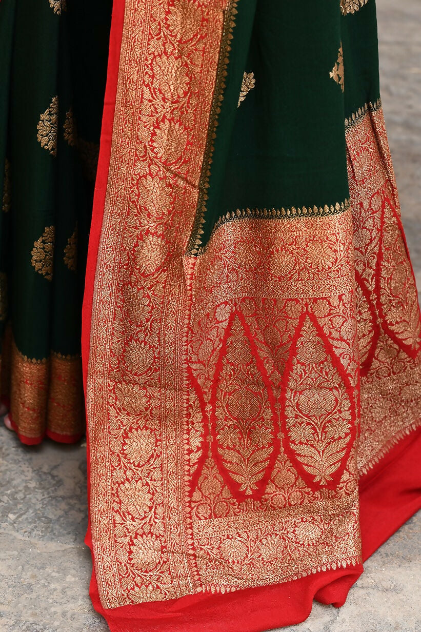 Joban Fashion Emerald Green Crepe Chiffon Pure Handloom Banarasi Silk Saree