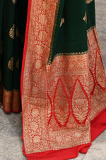 Thumbnail for Joban Fashion Emerald Green Crepe Chiffon Pure Handloom Banarasi Silk Saree