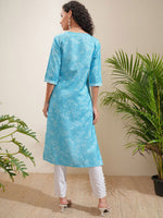 Thumbnail for Vishudh Blue Paisley Printed Notch Neck Straight Kurta - Distacart