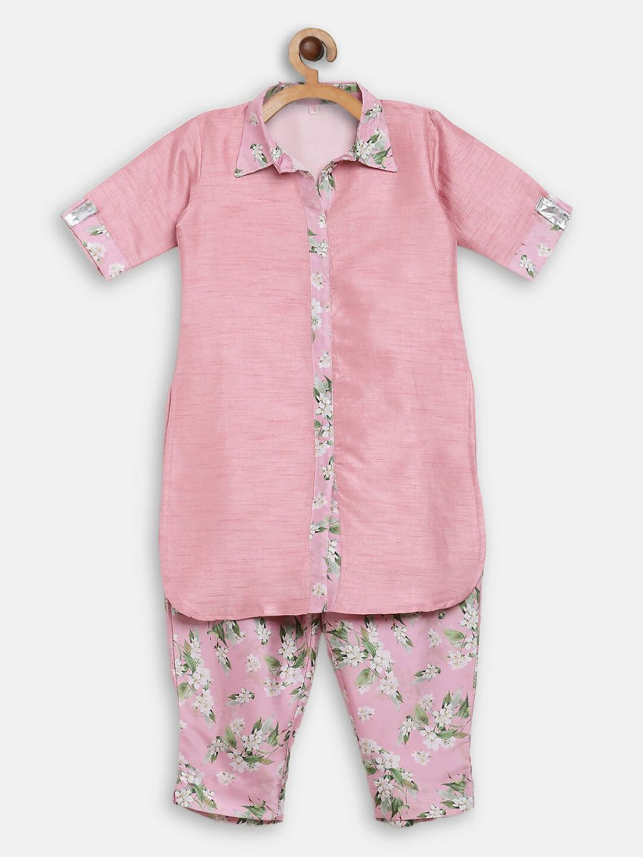 Ahalyaa Pink Poly Silk Solid Kids Kurta with Printed Pant Set For Girls - Distacart