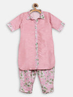 Thumbnail for Ahalyaa Pink Poly Silk Solid Kids Kurta with Printed Pant Set For Girls - Distacart