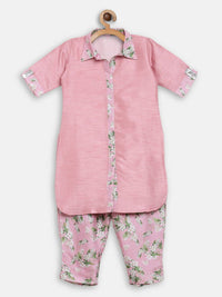 Thumbnail for Ahalyaa Pink Poly Silk Solid Kids Kurta with Printed Pant Set For Girls - Distacart