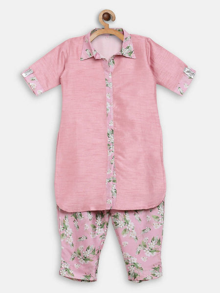 Ahalyaa Pink Poly Silk Solid Kids Kurta with Printed Pant Set For Girls - Distacart