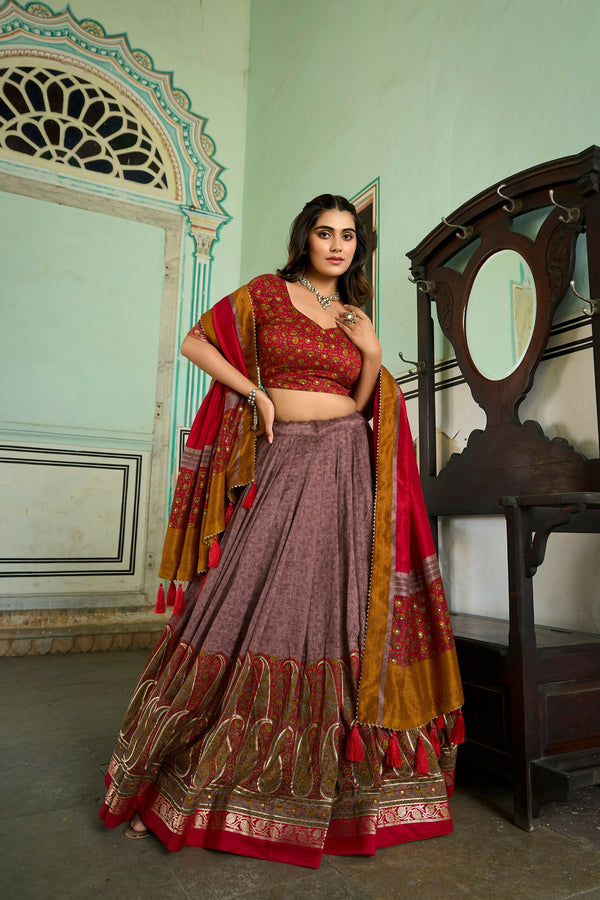 Vastranavya Kashmiri Print With Foil Print Lehenga With Unstitched Printed Blouse - Onion - Distacart