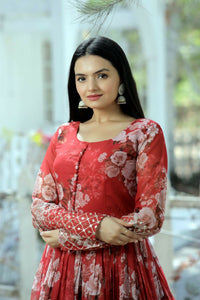 Thumbnail for Jyoti Fashion Women's Red Sequence Zari Embroidered Faux Georgette Anarkali Dress - Distacart