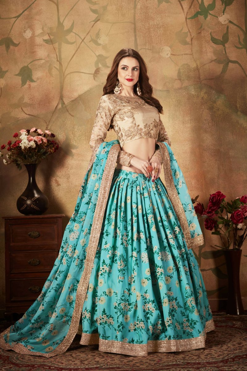 Aastha Fashion Women's Beautiful Sky Blue Sabyasachi Floral Digital Printed Organza Party Wear Lehenga Choli - Distacart