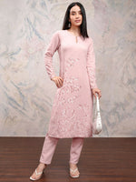 Thumbnail for Vishudh Floral Printed Keyhole Neck Long Sleeves Straight Kurta with Trousers - Distacart