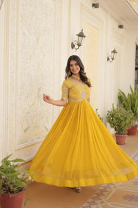 Thumbnail for Aastha Fashion Women's Yellow Faux Blooming Embroidery Zari Sequins-work Gown